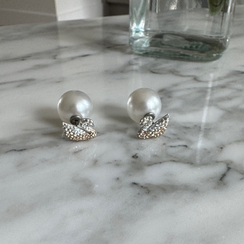 Pearl and Crystal Swarovski Swan Stud Earrings - White